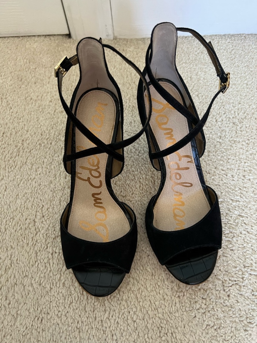 Sam Edelman Black Suede Crisscross Open-Toe Slingback Heels
